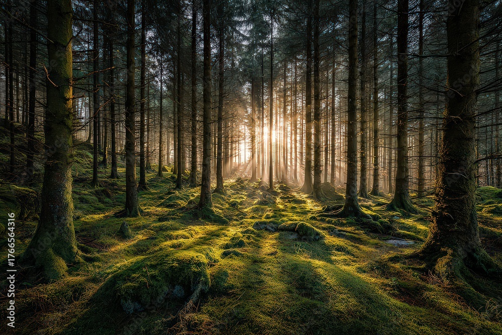 Fototapeta premium Sunlight Piercing Through Dense Forest Canopy Creating Dramatic Light And Shadow Effect In Woodland Environment