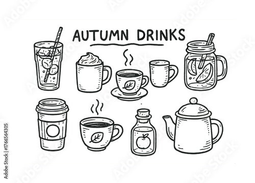 Vector Autumn drinks illustration with coffee, tea, and hot beverages in hand-drawn style
