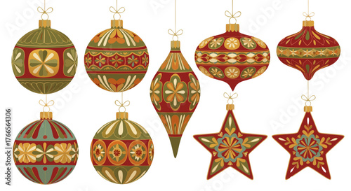Festive holiday ornaments with intricate patterns, traditional Christmas decorations, vintage-style baubles and stars, perfect for seasonal celebrations and decorating