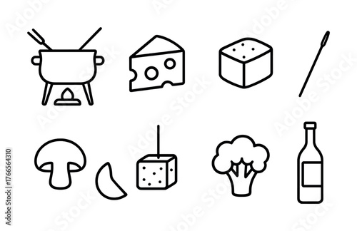 Vector Cheese fondue icons set with fondue pot, cheese, mushroom, broccoli, wine bottle
