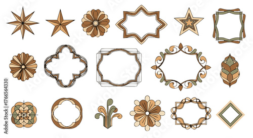 Collection of Ornate Decorative Geometric Frames and Embellishments in Neutral Tones, Offering Artistic Accents