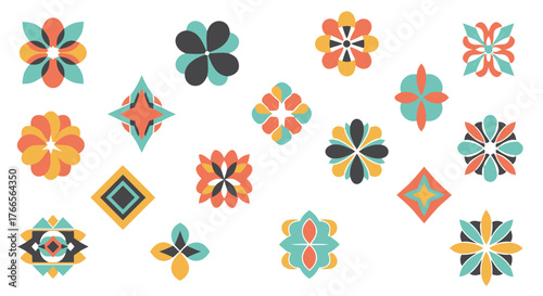 Collection of geometric and floral abstract decorative patterns and motifs with a retro color palette on a white background