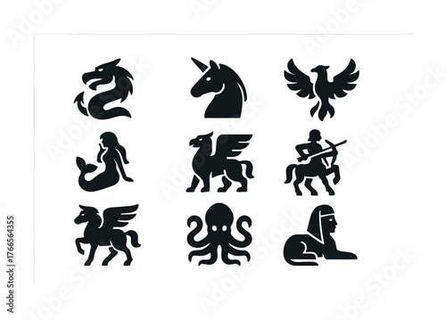 Vector Mythical creatures icons: dragon, unicorn, phoenix, mermaid, griffin, centaur, pegasus, octopus, sphinx