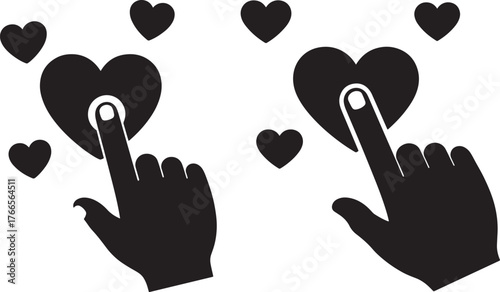 Finger touching heart icon with hearts silhouette