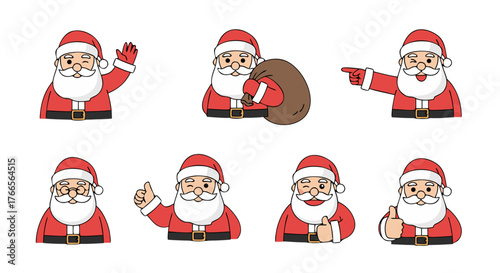 Collection of cartoon Santa Claus characters waving, pointing, giving thumbs up, and holding a gift bag, perfect for holiday designs