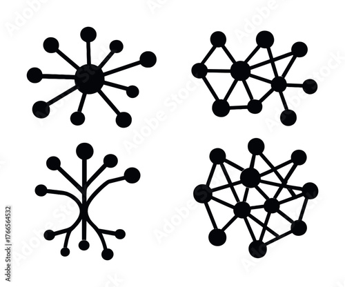Vector Four abstract network diagrams illustrating diverse connection patterns
