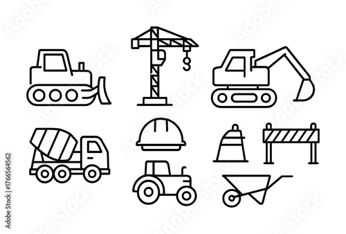 Vector Construction equipment icons: crane, bulldozer, excavator, concrete mixer, hard hat, and tools