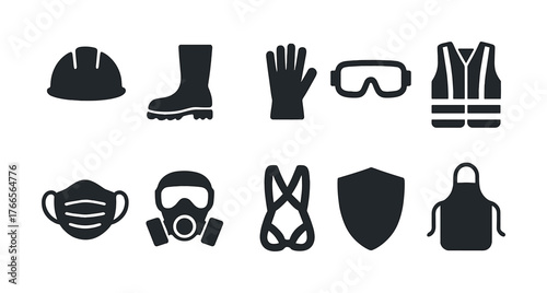 Vector Safety equipment icons set: helmet, boots, gloves, goggles, vest, masks, shield, apron