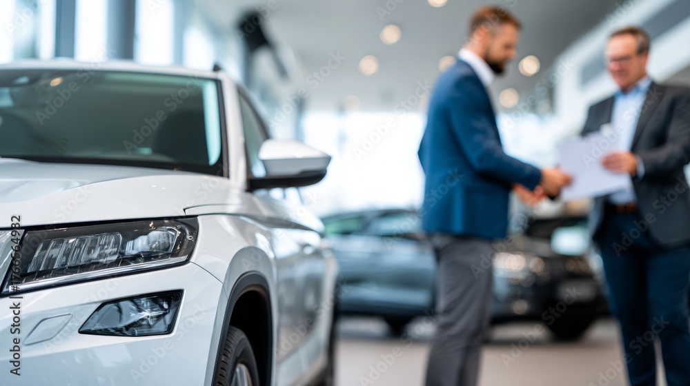 Fototapeta premium A car stands in the foreground as two customers negotiate a sale in a bright indoor showroom surrounded by other vehicles