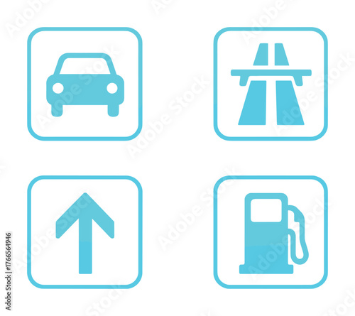 Vector Blue traffic icons: car, highway, arrow, gas station on white background
