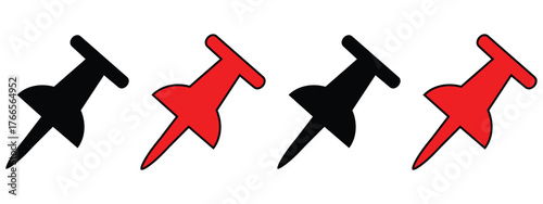 Push Pin and Thumbtack Icon Set – Red Bulletin Board Reminder Symbols in Flat Vector Style