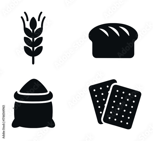 Vector Wheat, bread, rice sack, and crackers silhouettes