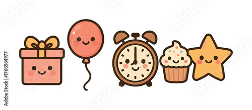Vector Cute kawaii cartoon birthday elements set featuring gift balloon clock cupcake star