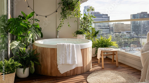 A relaxing hot tub sits on a sunny balcony surrounded by greenery, creating a calm space for self-care and stress relief