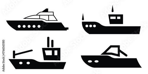 Boats and Ships Icon Set – Flat Vector Collection of Nautical Transport Silhouettes Including Yacht, Cruise, Sailboat, Ferry, Jet Ski, and More