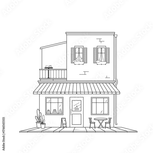 Cozy cafe. Facade of a small house with a balcony on a white background. Vector  lineart illustration for coloring book