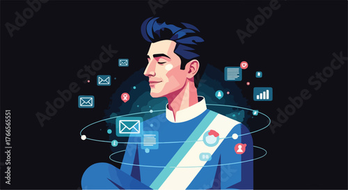 Digital Monk – Vector Concept of Mindful Leadership and Focus in a Hyperconnected World 2