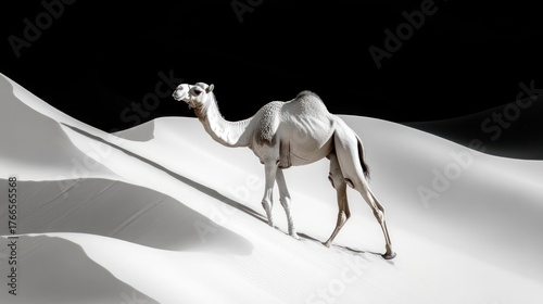 Monochrome camel portrait traversing pristine dunes with contrasting shadows and stark desert