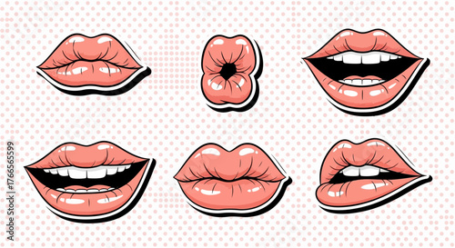 A collection of vibrant pop art style female lips and mouths with glossy lipstick, illustrating various expressions like smiling and kissing