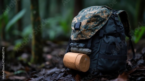 Backpack nestled amidst serene foliage: A blend of adventure and nature's tranquility