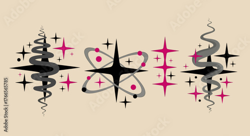 Vintage mid-century modern graphic set with abstract atomic symbols, starbursts, and dynamic whisking swirls
