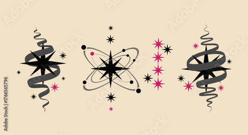 A collection of three retro-futuristic atomic starburst vector icons with dynamic orbiting spirals in a mid-century modern style