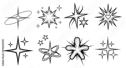 A versatile set of black and white sparkle icons, featuring various starburst, twinkle, and glitter designs for a clean, shining effect