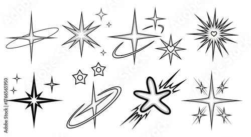 A versatile set of black and white star and sparkle icons for graphic design. Vector line art illustrations isolated on a white background