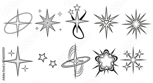 An assortment of retro-style twinkling star and sparkle shapes. A versatile collection of minimalist graphic design icons for creative projects