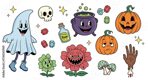Groovy Retro Halloween Cartoon Character Set with Whimsical Ghost, Pumpkin, and Spooky Elements