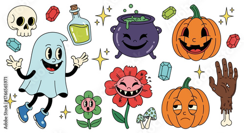 A vibrant set of retro cartoon Halloween characters and spooky elements. Features a groovy ghost, pumpkins, and a cauldron in a classic animation style