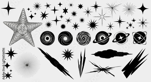 A diverse collection of abstract vector shapes featuring stars, sparkles, and cosmic elements for futuristic graphic design