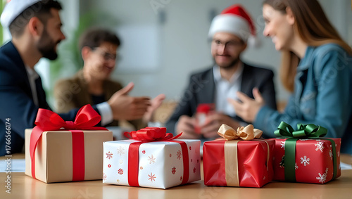 Christmas gift boxes on table, office party, business colleagues wearing santa hats - corporate holiday party, celebration, gift exchange, present, surprise, festive workplace concept