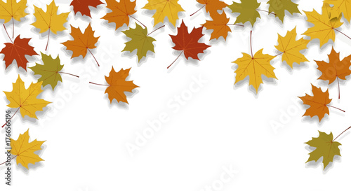 Elegant autumn background with a cascade of colorful falling maple leaves. Seasonal vector illustration perfect for fall holiday templates and web banners