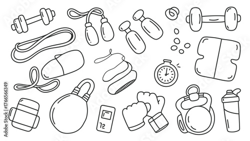 Dynamic fitness essentials collection with dumbbells, jump rope, kettlebell, and shaker bottle for a healthy lifestyle