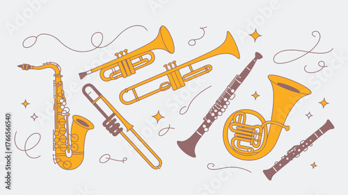 Vibrant collection of brass and woodwind instruments, perfect for music education, event promotion, or creative projects