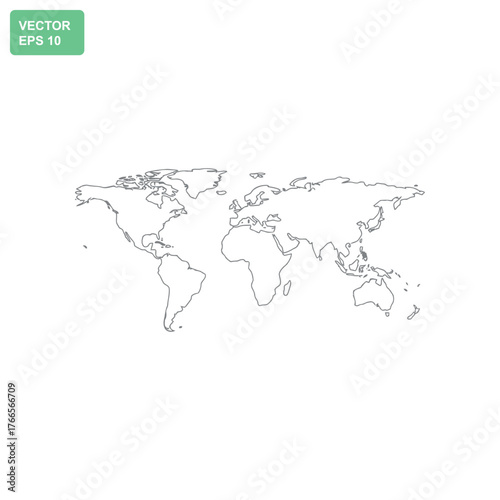 Outline of the world map showing continents and countries in black and white