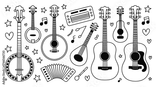 Whimsical collection of musical instruments including guitars, banjos, accordions, and mandolins, adorned with playful stars and hearts for a charming aesthetic.