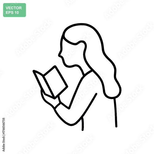 Simple line drawing of a woman reading a book in profile