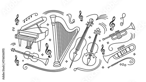 Captivating collection of orchestral instruments and musical notes creates a symphony of visual appeal for your creative projects