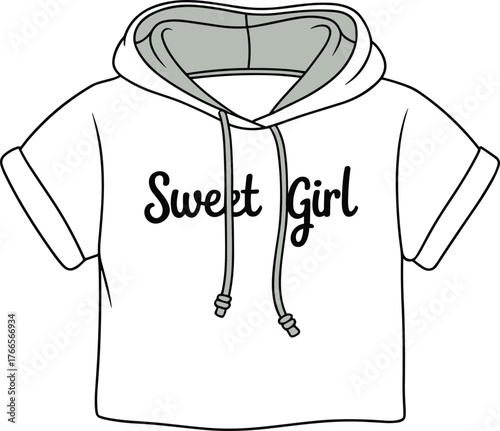 Stylish Women's Cropped Hoodie Sweatshirt Technical Flat Sketch Vector Illustration Rolled Short Sleeves Drawstring Hood Apparel Template Design.