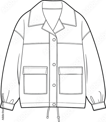 Stylish Utility Jacket Technical Flat Sketch Vector Illustration Notch Lapel Collar Flap Pockets Drawstring Hem Apparel Template Design Front.