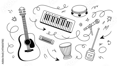 Dynamic music production setup with DJ deck, keyboard, laptop, speakers, and headphones, perfect for creating beats and soundscapes