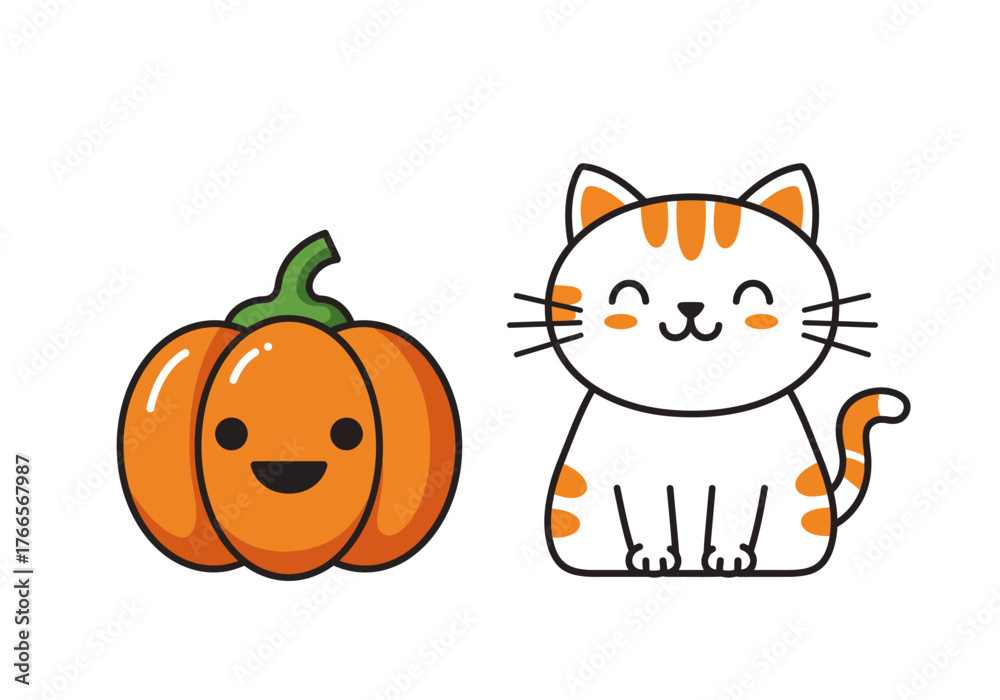 Obraz premium Adorable kawaii cat and a smiling pumpkin character set isolated on white. A cute friendship illustration for a happy halloween holiday