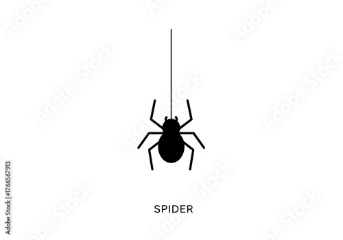 A minimalist black silhouette of a spider hanging from a single strand of silk against a clean white background, symbolizing nature and creativity