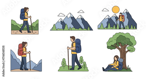 Hikers Exploring Mountains and Nature Outdoors.