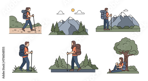 Hiker with Backpack and Walking Stick in Nature Scenes.