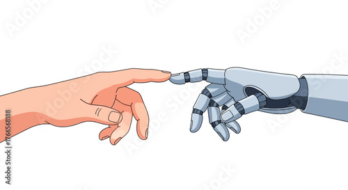 Human Hand Reaching Out To Robot Hand Illustration.