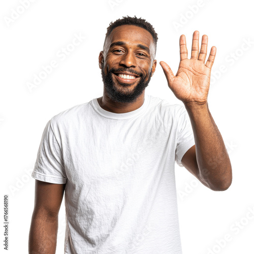 Man in white t-shirt waving hello png portrait png male png casual png smile png greeting png person png friendly png wave png lifestyle png transparent background image