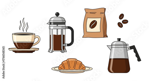Illustration of Coffee Cup French Press Croissant and Coffee Beans.